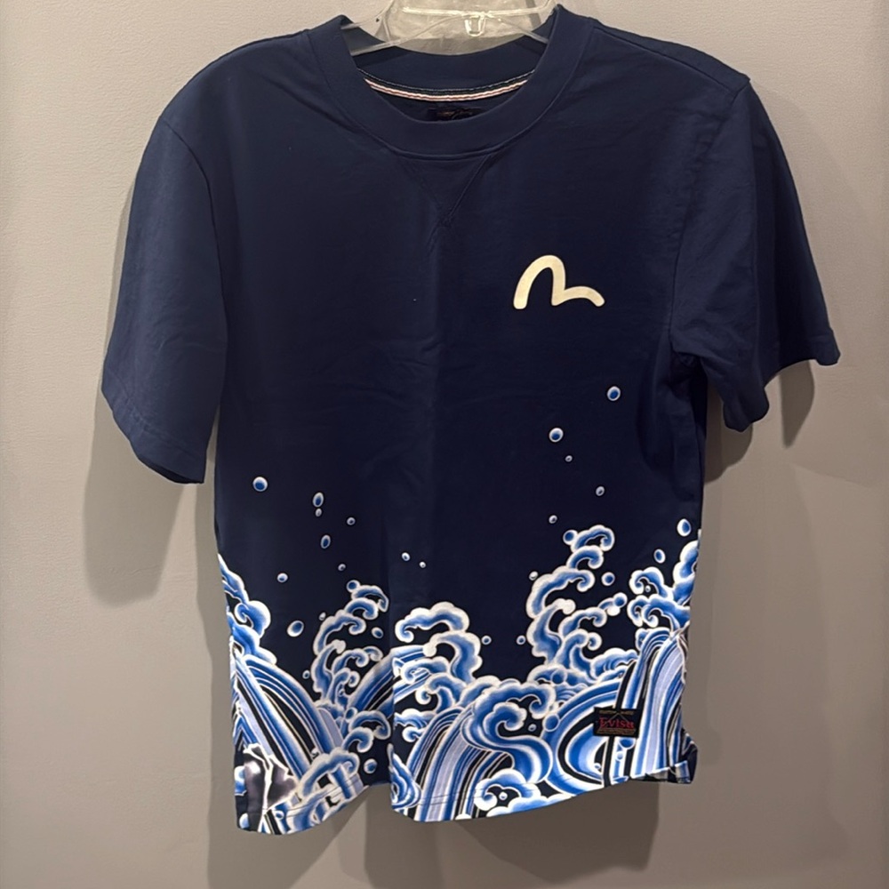 EVISU Men’s T-Shirt – Navy Blue with Wave Design – Size S– NWT